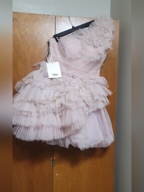 MacDuggal Tulle Ruffle  One-Shoulder Mini Party Dress - Blush Pink Size 8